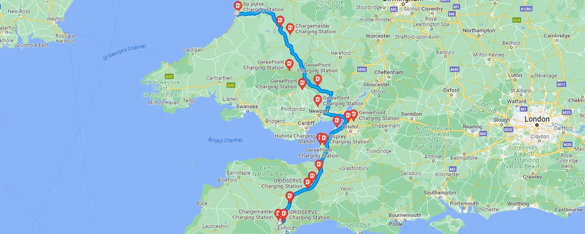 Map of journey from Exeter to Aberystwyth