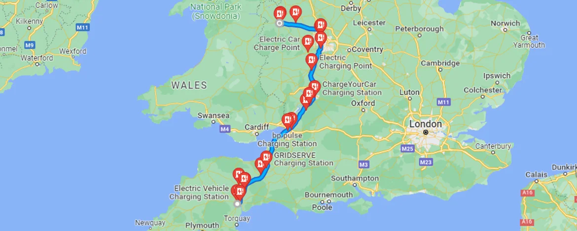 Map of journey from Exeter to Shrewsbury