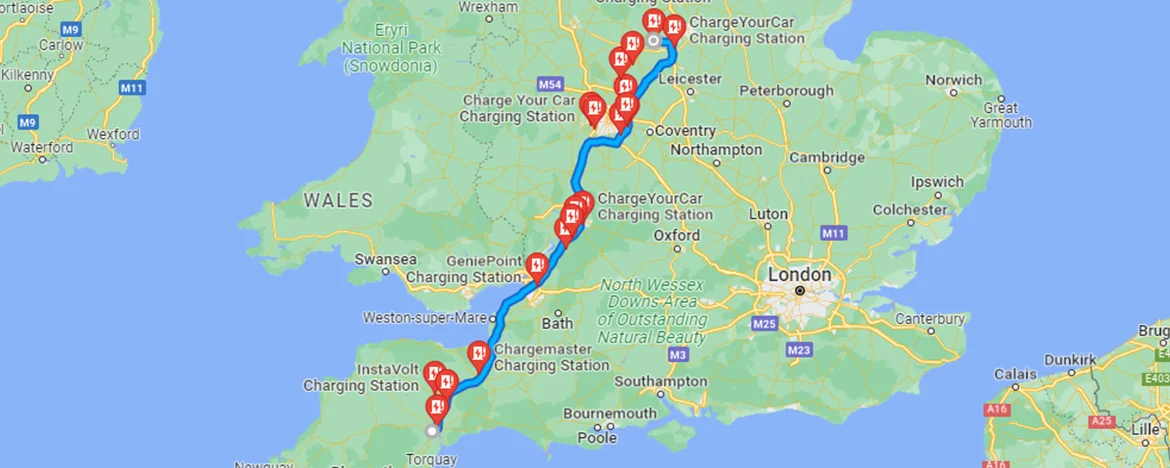 Map of journey from Exeter to Derby
