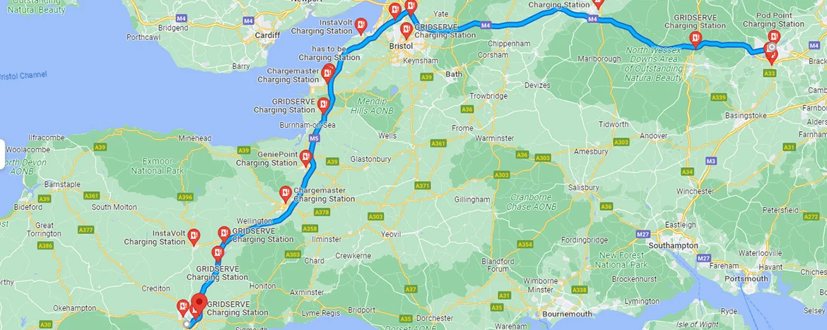 Map of journey from Exeter to Reading