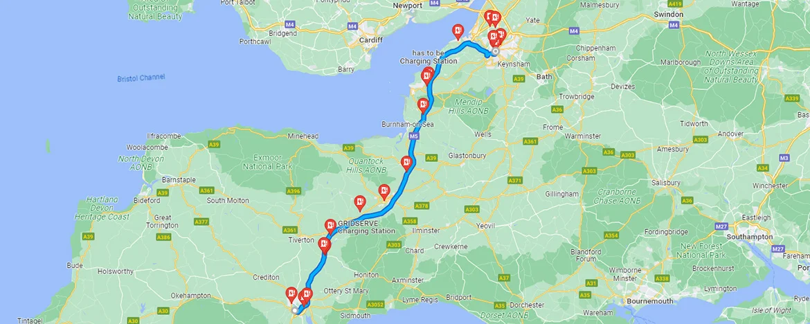 Map of journey from Exeter to Bristol