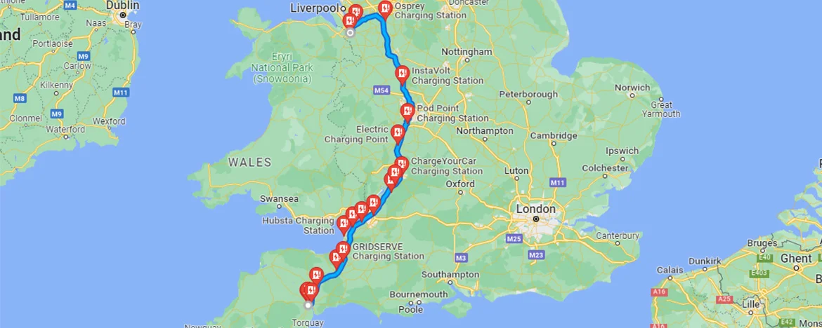 Map of journey from Exeter to Chester