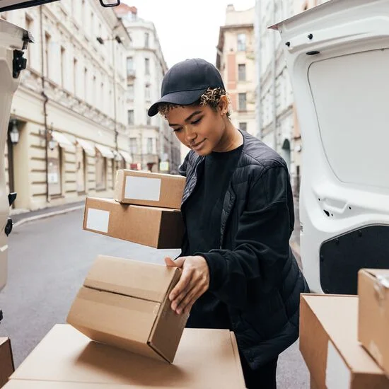 Woman unloading boxes from rear of van