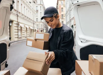 Woma unloading small boxes from the back of white van